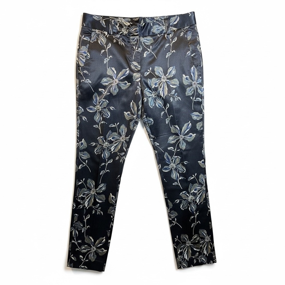Cue Australia Floral Satin Slim Leg Tapered Trousers Blue Gold Size 6 AU US 2
